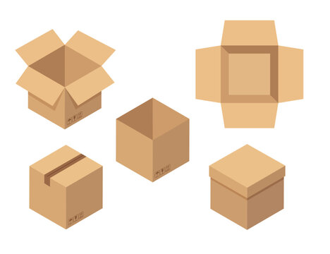 Set of open and closed boxes. Brown cardboard box top view. Vector illustration isolated on white background.	