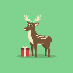 Christmas card with deer and present vector illustration on green background.