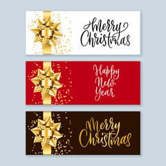 Fototapeta na wymiar Merry Christmas, Happy New Year banner with realistic 3d gold bow ribbon and calligraphy lettering. Vector illustration