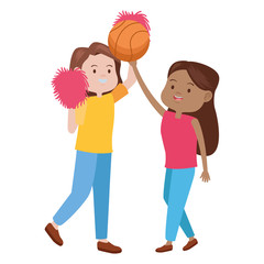 young women playing basketball and cheerleader