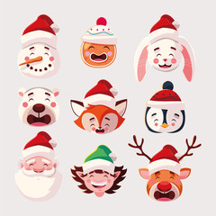 set of icons christmas with head santa claus and animals