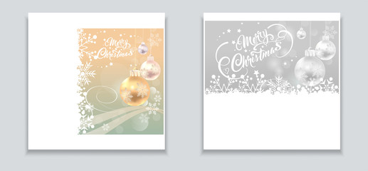 Christmas cards for your design. Two images with Christmas balls for holiday and New Year decoration. Colors on image: gray, silver, white, golden. Vector image.