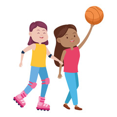 young women playing basketball characters icon