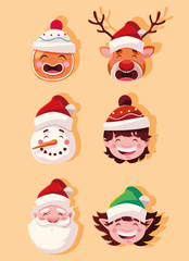 set of icons christmas with head santa claus and animals