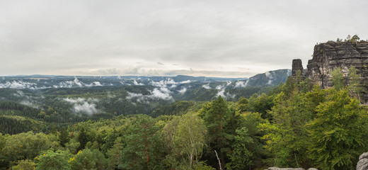 Fototapeta na wymiar low clouds in the sandstone mountains of the czech republic