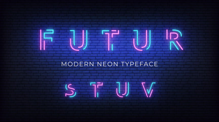 Neon light alphabet font. Glowing neon illuminated 3d modern typeface. Letters s, t, u, v