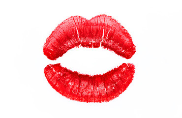 Imprint of red lipstick on a white background. Trace from a female kiss.