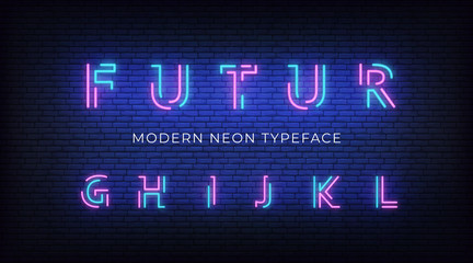 Neon light alphabet font. Glowing neon illuminated 3d modern typeface. Letters g, h, i, j, k ,l