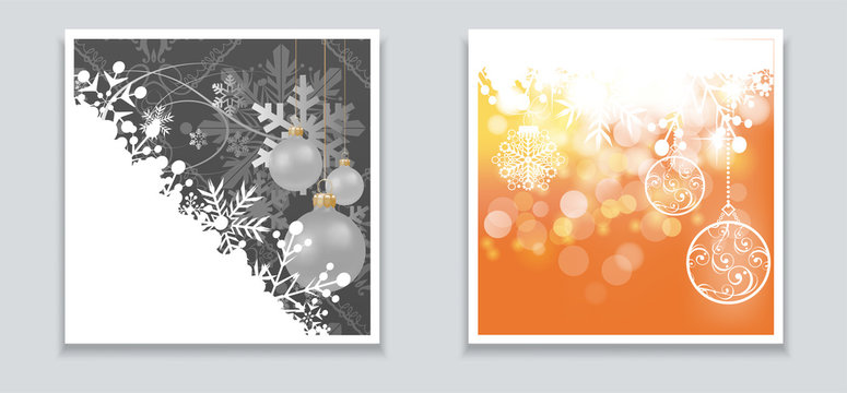 Christmas cards for your design. Colors image: gray,  white, gold. Two images with Christmas balls for holiday and New Year decoration. Vector image