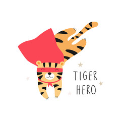 Сute tiger in a superhero costume. Children vector illustration for print on a t-shirt, poster, postcard.