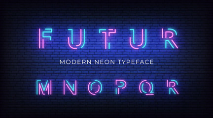 Neon light alphabet font. Glowing neon illuminated 3d modern typeface. Letters m, n , o, p, q, r - obrazy, fototapety, plakaty