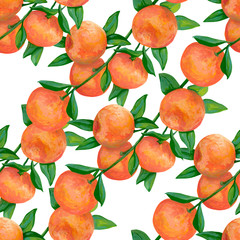 Hand drawn tropical seamless pattern. Realistic botanical drawing with acrylic paint. Branch with tangerine fruits on white background. Element design for wallpaper, wrapping, card, posters, fabric.