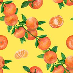 Hand drawn seamless pattern. Realistic botanical drawing with acrylic paint. Branch with tangerine fruits, whole, cut and slice of tangerines on yellow background. Element design, wallpaper, wrapping.