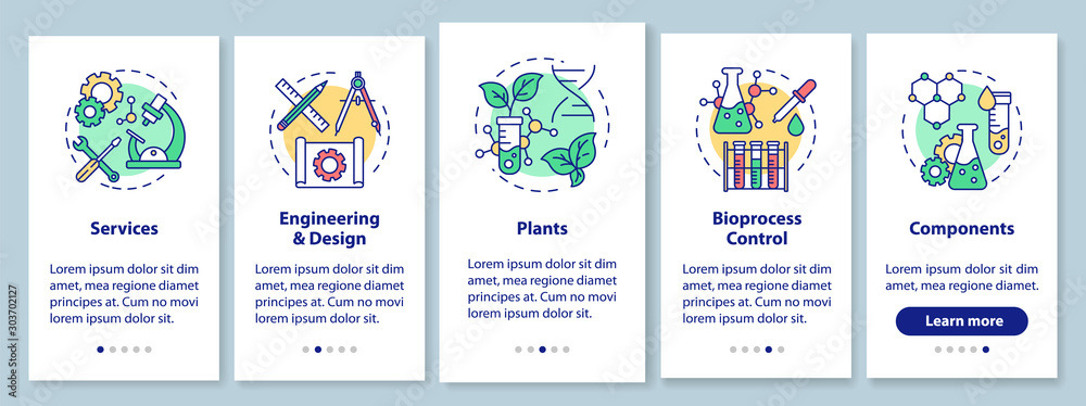 Wall mural bioengineering onboarding mobile app page screen with linear concepts. services and plants, componen