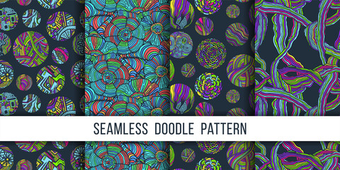Set of seamless grunge halftone drawing textures. Random doodle patterns