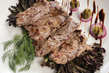 Fried meat on plate close-up