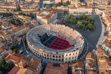 Aerial drone shot view of sunrise on ancient roman amphitheatre Verona Arena (Arena di Verona) in Verona, Italy