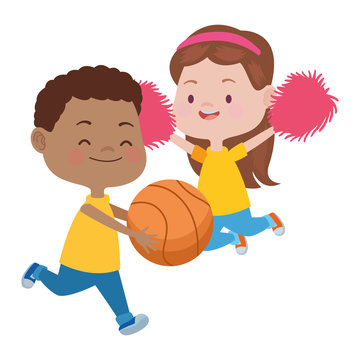 cute little kids playing basketball and cheerleader characters