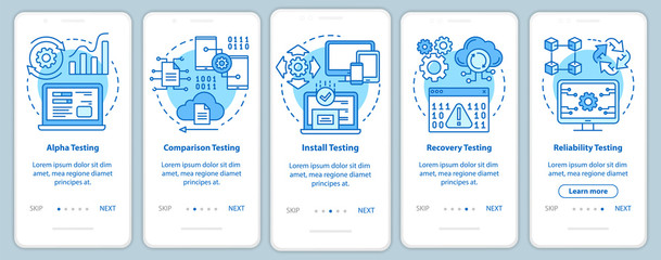 Software performance testing blue onboarding mobile app page screen vector template. Quality control. Walkthrough website steps with linear illustrations. UX, UI, GUI smartphone interface concept © IMG visuals icons