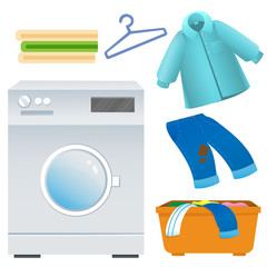 Color image of washing machine with clothes and linen on white background. Laundry and housework. Household equipment. Vector illustration set.