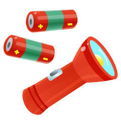 Color images of red flashlight with batteries on white background. Electrical goods. Vector illustration set.