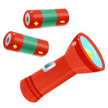 Color Images Of Red Flashlight With Batteries On White Background. Electrical Goods. Vector Illustration Set.