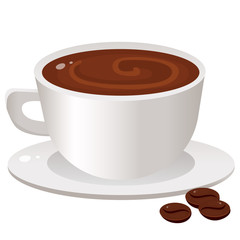 Color image of hot cup of coffee with coffee beans on white background. Food and meals. Vector illustration.