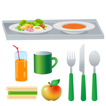 Color image of portion lunch or dinner on white background. Food and meals. Dishes and crockery. Vector illustration set.