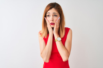 Redhead businesswoman wearing elegant red dress standing over isolated white background Tired hands covering face, depression and sadness, upset and irritated for problem