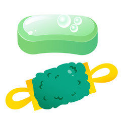 Color image of soap and washcloth on white background. Clean and hygiene. Vector illustration set.