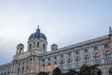Fototapeta na wymiar Main facade of the Naturhistorisches Museum Wien at dusk. It is the main natural history museum of Vienna, Austria, and a major landmark of the imperial austro hungarian architecture