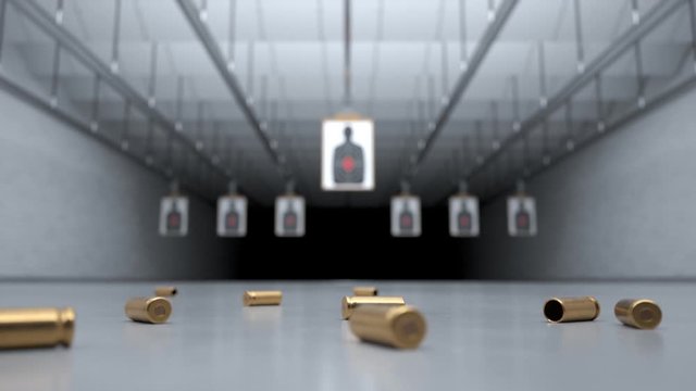 Shooting range with shells falling in front of camera. Target damaged by bullets