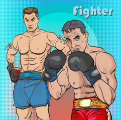 2 scary young men in the boxing ring. Pop art retro comic book cartoon drawing vector illustration kitsch vintage