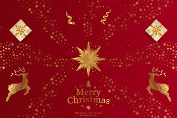 Merry Christmas and Happy New Year. Greeting card with inscription and deer, star and gifts, bows and ribbons on a red background. Flat vector illustration EPS10