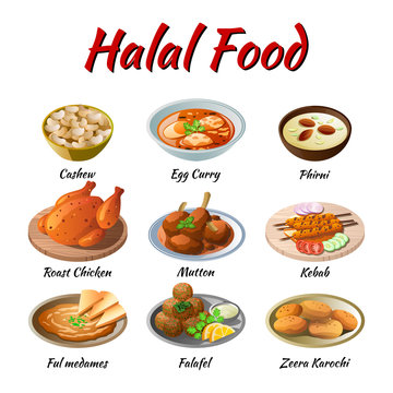 Set of delicious and famous food of Halal in colorful gradient flat design icon