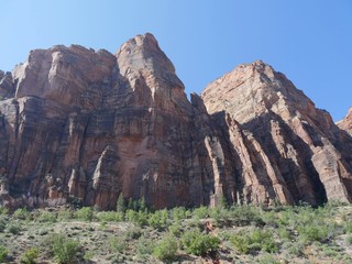 Medium close up of rugged limestone formations at Zion National Park in Utah, USA.