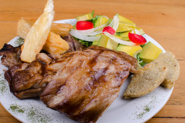 bbq rib, arepa and avocado salad