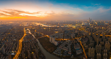 Panoramic aerial view of the night view at dusk in Shanghai, China