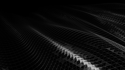 Wireframe 3d landscape of triangles. Technology grid illustration. 3D rendering.
