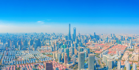 Naklejka premium Panoramę miasta Pudong New Area, Szanghaj, Chiny