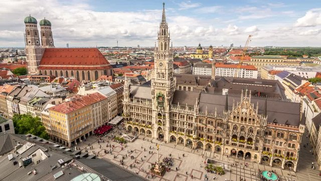 Munich city skyline. Panoramic view of Marienplatz. Clouds move fast across the sky, time lapse video