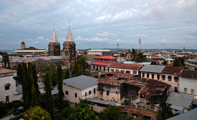 Fototapeta na wymiar Day time shot of Stone Town Zanzibar with cathedral towers