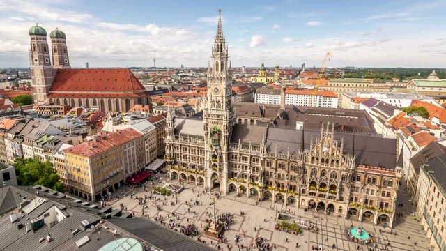 The Marienplatz, a main square in Munich, Bavaria, Germany. Panoramic view, city skyline. Time lapse video.