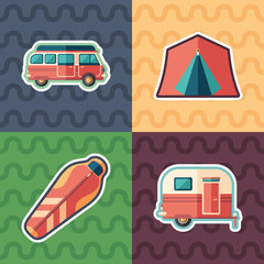 Camping and touring sticker flat icon set.