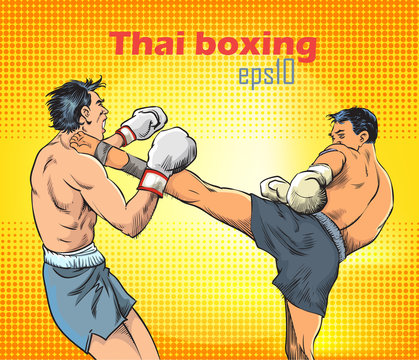 Thai boxing,Martial arts on stage.Pop art vector illustration.colorful poster. Promotion of billboard design.