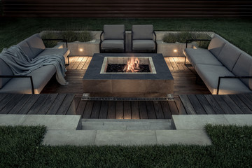 Outdoor zone for relax with burning fire pit - 303719302