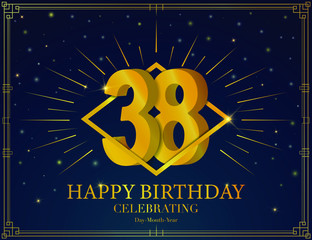 38 Happy birthday anniversary celebration greeting card. With Luxury golden frame, shiny sparkles. Vector 3d illustration background. Typography design poster, celebrating banner, invitation flyer