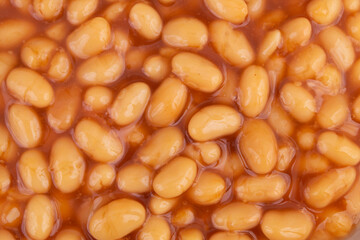 Baked beans in tomato sauce as background