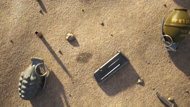Endless animation of the desert battleground. Grenades, bullets, stones. 4KHD