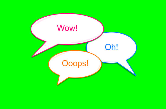 illustration with the words wow, oh and oops in a speech bubble. Green background. Expression, surprise, feeling, message in interjection. Social communication.
